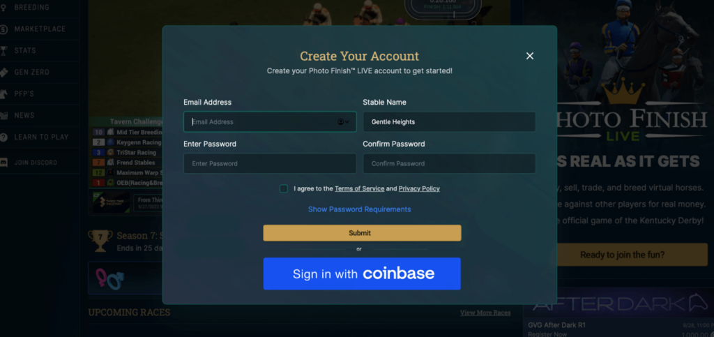 Photo Finish Sign In Coinbase Feature